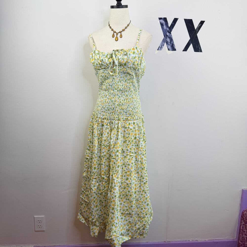 Free People Lavender Daze Smocked Midi Sundress Floral Tie-Front Dress NWT S